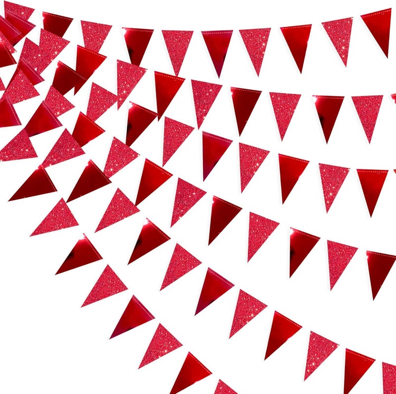 pinkblume 30Ft Red Party Decorations Glitter Metallic Paper Triangle Banner Flag Pennant Bunting for Graduation Wedding Engagement Anniversary Bachelorette Birthday Bridal Shower Valentines Hen Party Supplies - Image 1